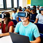 **

Interactive E-learning: A young, diverse group of students enthusiastically using VR headsets in a modern, colorful digital classroom. Laptops and tablets are scattered around. Emphasize engagement and collaborative learning.

**