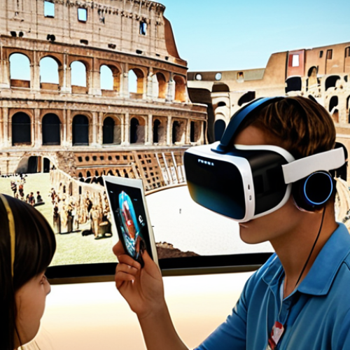 A brightly lit, modern classroom in Italy. A student wearing a VR headset is interacting with a historical simulation of ancient Rome, with the Colosseum vividly displayed. Other students are working on tablets with personalized learning apps. In the background, an instructor is assisting individual students, showcasing the blended learning environment and individualized attention. The scene should convey a sense of immersive engagement and futuristic learning.