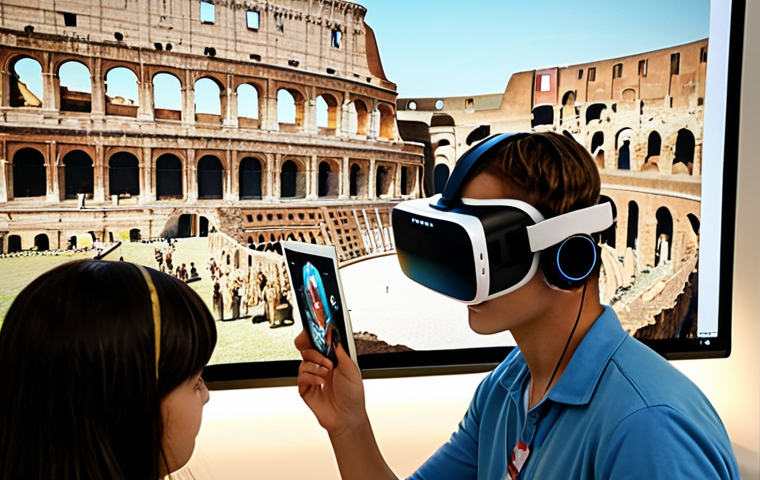 A brightly lit, modern classroom in Italy. A student wearing a VR headset is interacting with a historical simulation of ancient Rome, with the Colosseum vividly displayed. Other students are working on tablets with personalized learning apps. In the background, an instructor is assisting individual students, showcasing the blended learning environment and individualized attention. The scene should convey a sense of immersive engagement and futuristic learning.