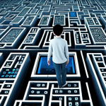 "A person looking overwhelmed by a sea of online course platforms, symbolized by floating screens and icons in a chaotic, maze-like composition. The scene should evoke a sense of being lost in information overload. Use a color palette of blues and grays to emphasize the confusion, with a single spotlight highlighting a path leading towards a clear goal."