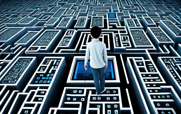 "A person looking overwhelmed by a sea of online course platforms, symbolized by floating screens and icons in a chaotic, maze-like composition. The scene should evoke a sense of being lost in information overload. Use a color palette of blues and grays to emphasize the confusion, with a single spotlight highlighting a path leading towards a clear goal."
