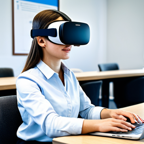 Home 24 A focused female university student, in a modest collared shirt and professional trousers, seated at a modern desk with a sleek laptop in a brightly lit, contemporary learning hub. She is wearing a virtual reality headset, with subtle augmented reality overlays of data and diagrams visible around her in the air, indicating personalized AI-driven learning. The setting emphasizes innovation and technology integration. Professional photography, high quality, perfect anatomy, well-formed hands, proper finger count, natural body proportions, natural pose, fully clothed, appropriate attire, safe for work, appropriate content, family-friendly.