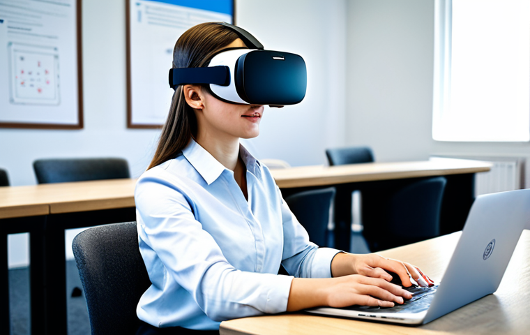 A focused female university student, in a modest collared shirt and professional trousers, seated at a modern desk with a sleek laptop in a brightly lit, contemporary learning hub. She is wearing a virtual reality headset, with subtle augmented reality overlays of data and diagrams visible around her in the air, indicating personalized AI-driven learning. The setting emphasizes innovation and technology integration. Professional photography, high quality, perfect anatomy, well-formed hands, proper finger count, natural body proportions, natural pose, fully clothed, appropriate attire, safe for work, appropriate content, family-friendly.