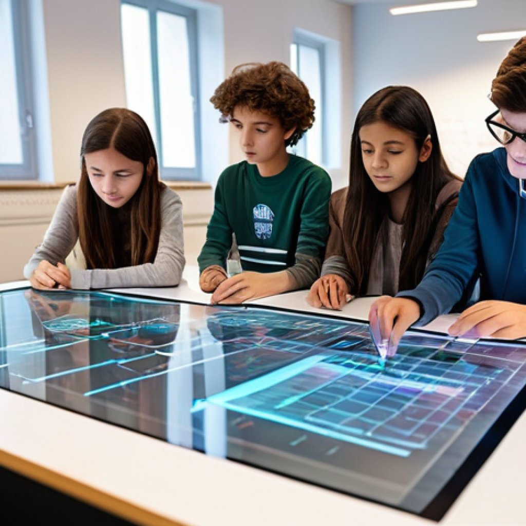 디지털 교육 기술 - **Prompt:** A group of diverse Italian middle school students (around 11-14 years old), dressed in m...