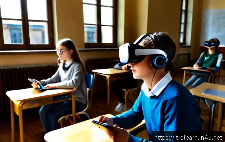디지털 학습의 최신 기술 동향 - Photorealistic modern Italian secondary-school classroom in Milan, diverse teenage students using sl...