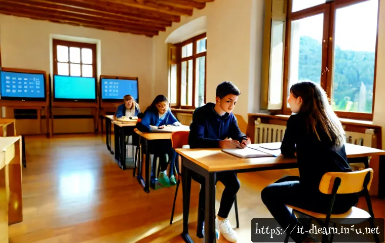 Home 17 디지털 교육에서의 블렌디드 학습 - Photorealistic blended learning classroom in Italy, an experienced teacher guiding a small group of ...